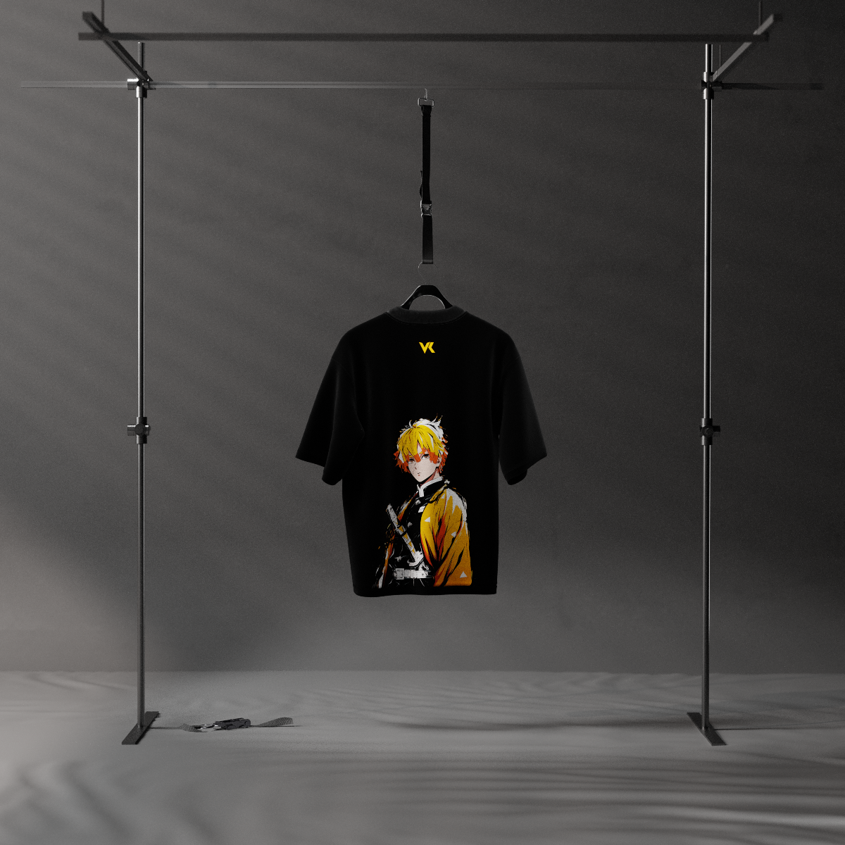Vlack oversize black t shirt on studio rack showing large anime print of Zenitsu Agatsuma black t-shirt