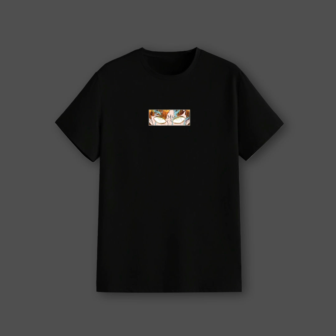 Zenitsu Agatsuma Demon Slayer T-shirt on black Vlack regular fit tee with small centered anime eye panel