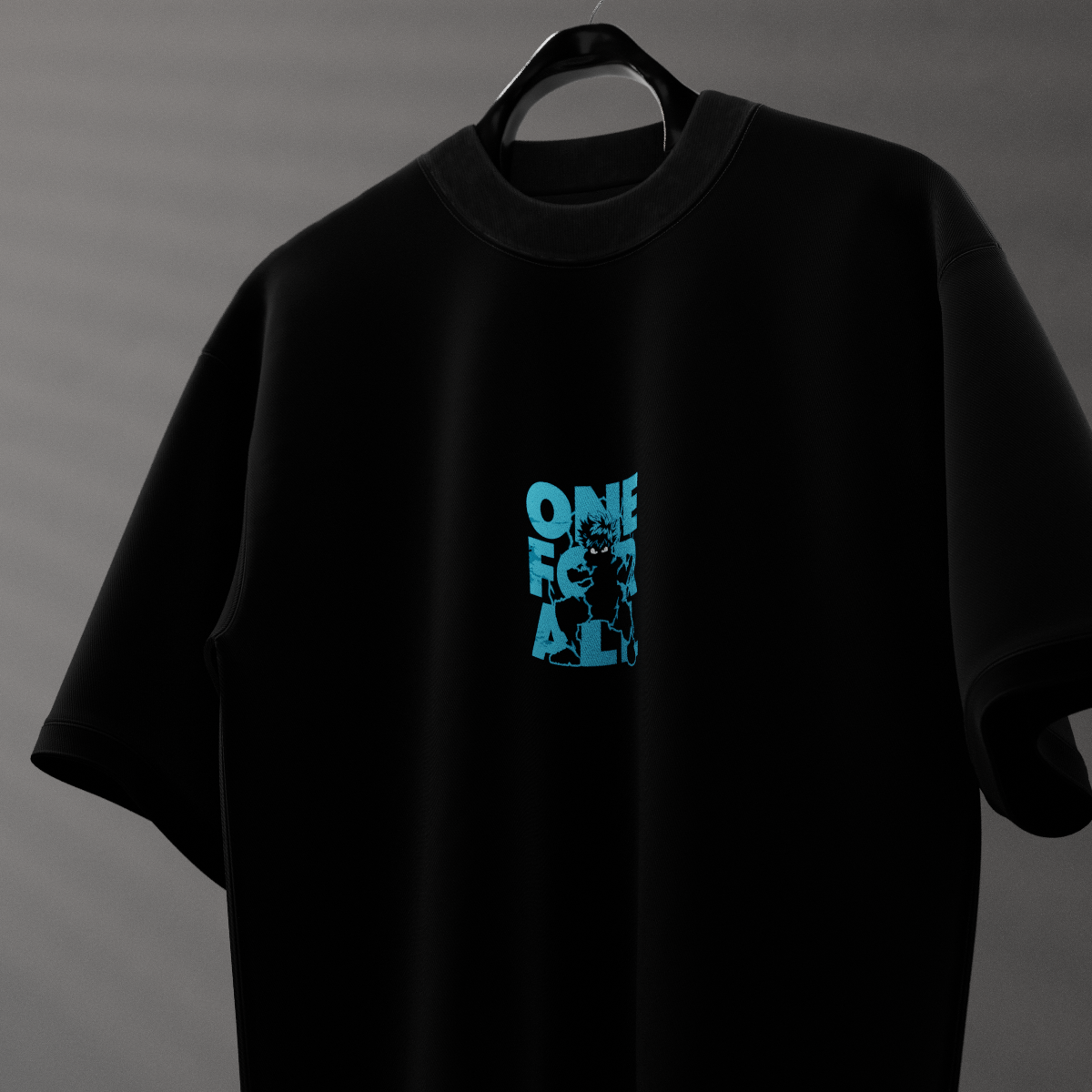 Izuku Midoriya oversized black t-shirt Vlack black tee with small center turquoise One For All graphic and relaxed oversized fit