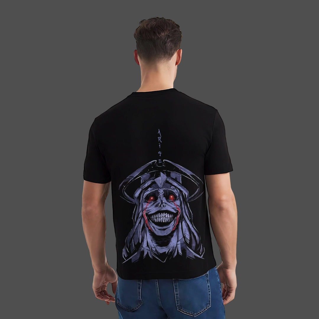 Shadow Monarch Black T-Shirt regular fit back view showing purple lightning anime graphic and ARISE text