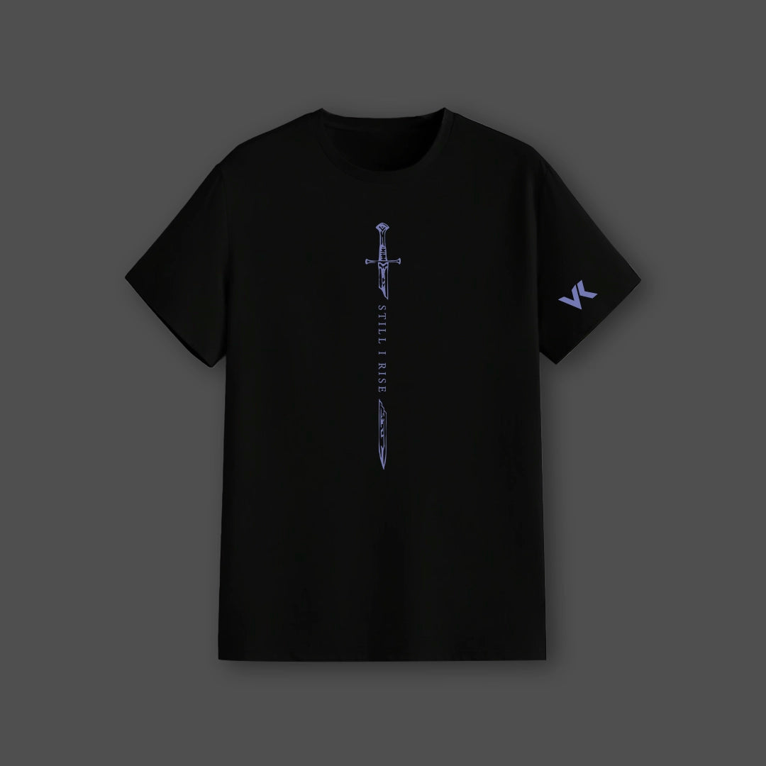 Shadow Monarch Black T-Shirt by Vlack regular fit black tee with vertical sword graphic down front and VK sleeve logo