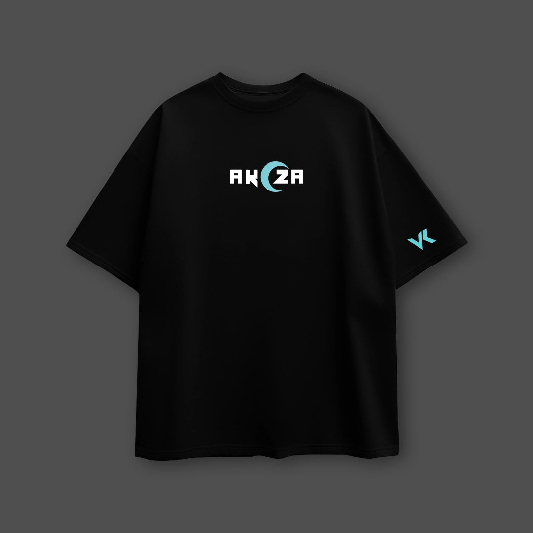 Oversize Akaza Demon Slayer black t-shirt with blue crescent logo on chest and VK sleeve print