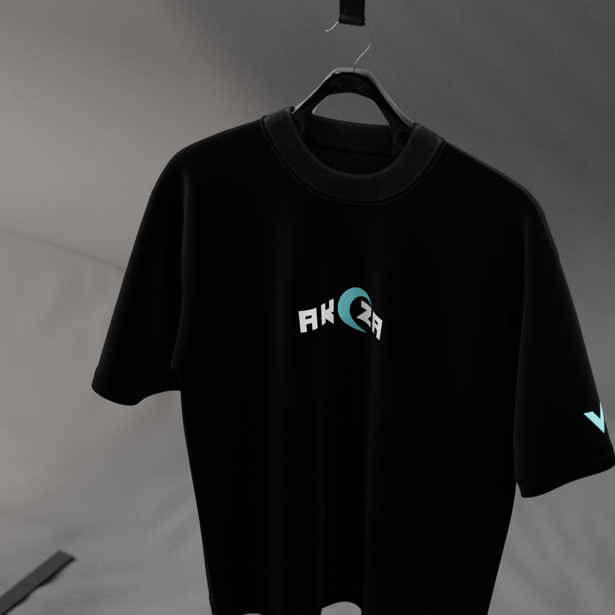 Oversize Akaza Demon Slayer black t-shirt by Vlack hanging on a hanger with small teal logo on chest