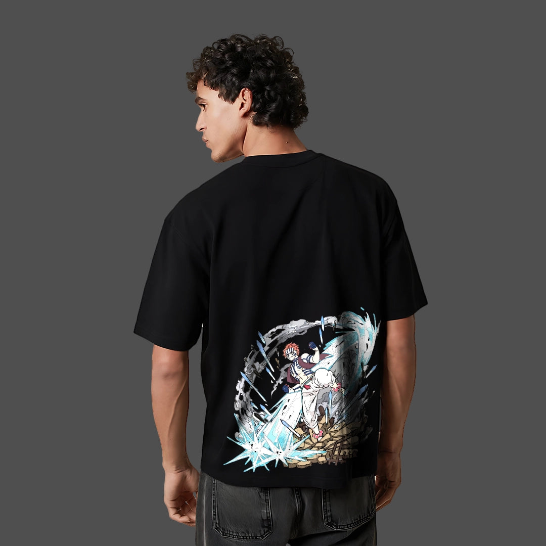 Akaza Demon Slayer black t-shirt oversized Vlack black tee with large back anime graphic worn by male model