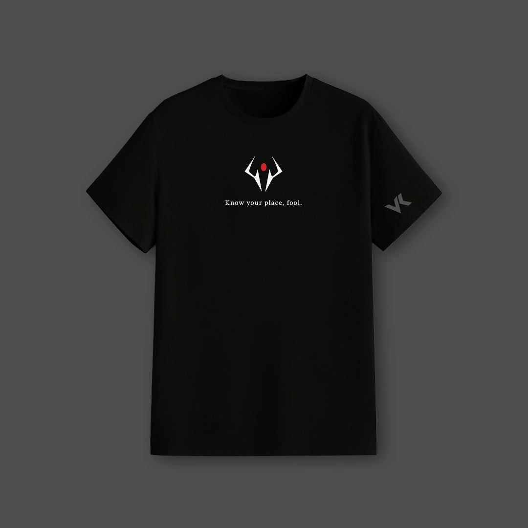 Sukuna Jujutsu Kaisen black t-shirt regular fit Vlack with small white emblem red eye and Know your place fool text on chest