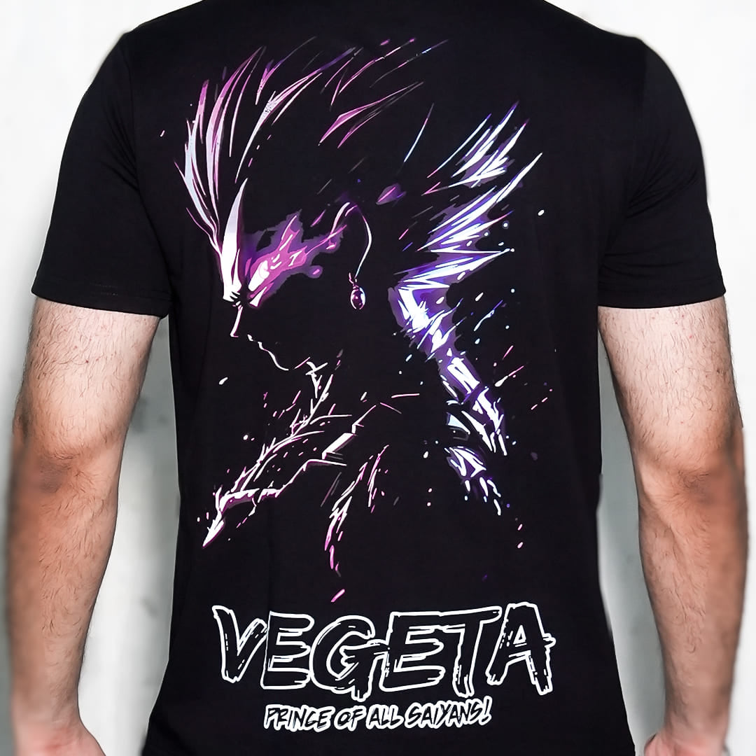 Vegeta black t-shirt for men. Vlack regular fit black tee showing purple energy Vegeta profile and bold VEGETA text on back