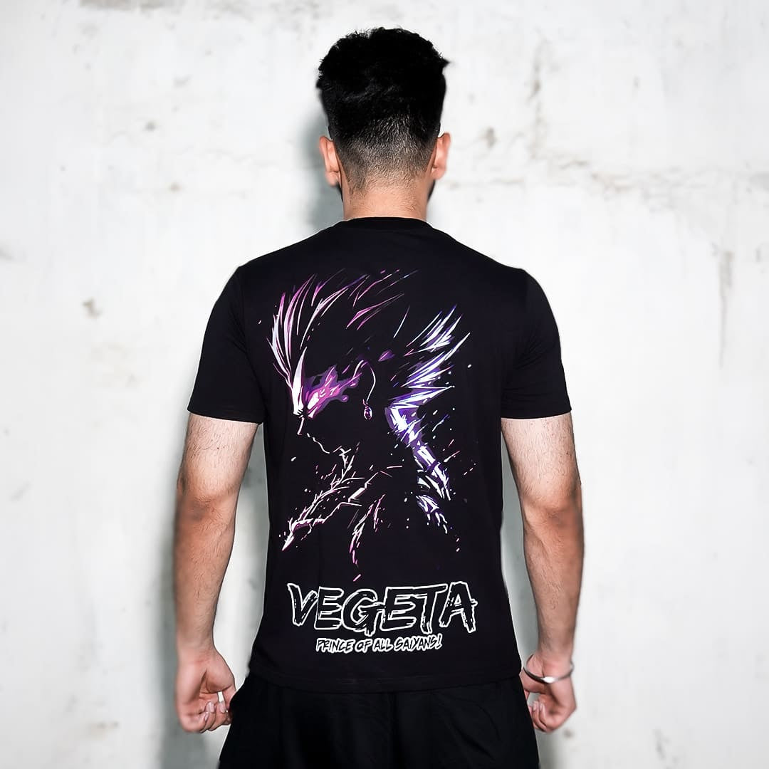 Back view of man wearing Vegeta black t-shirt for men regular fit with purple stylized Vegeta back graphic