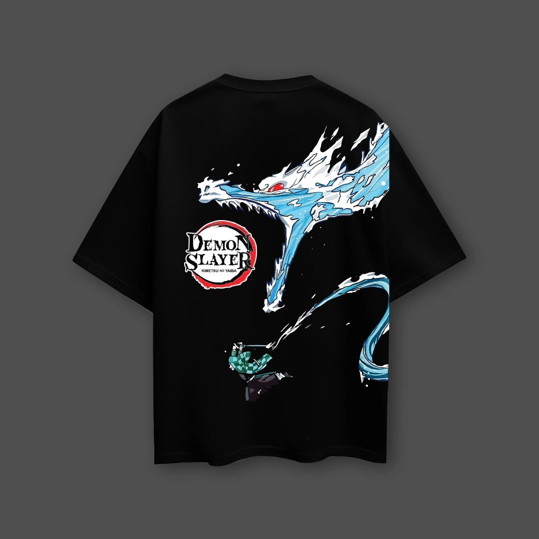 Vlack Demon Slayer black oversized t-shirt featuring blue water dragon print anime design for casual streetwear