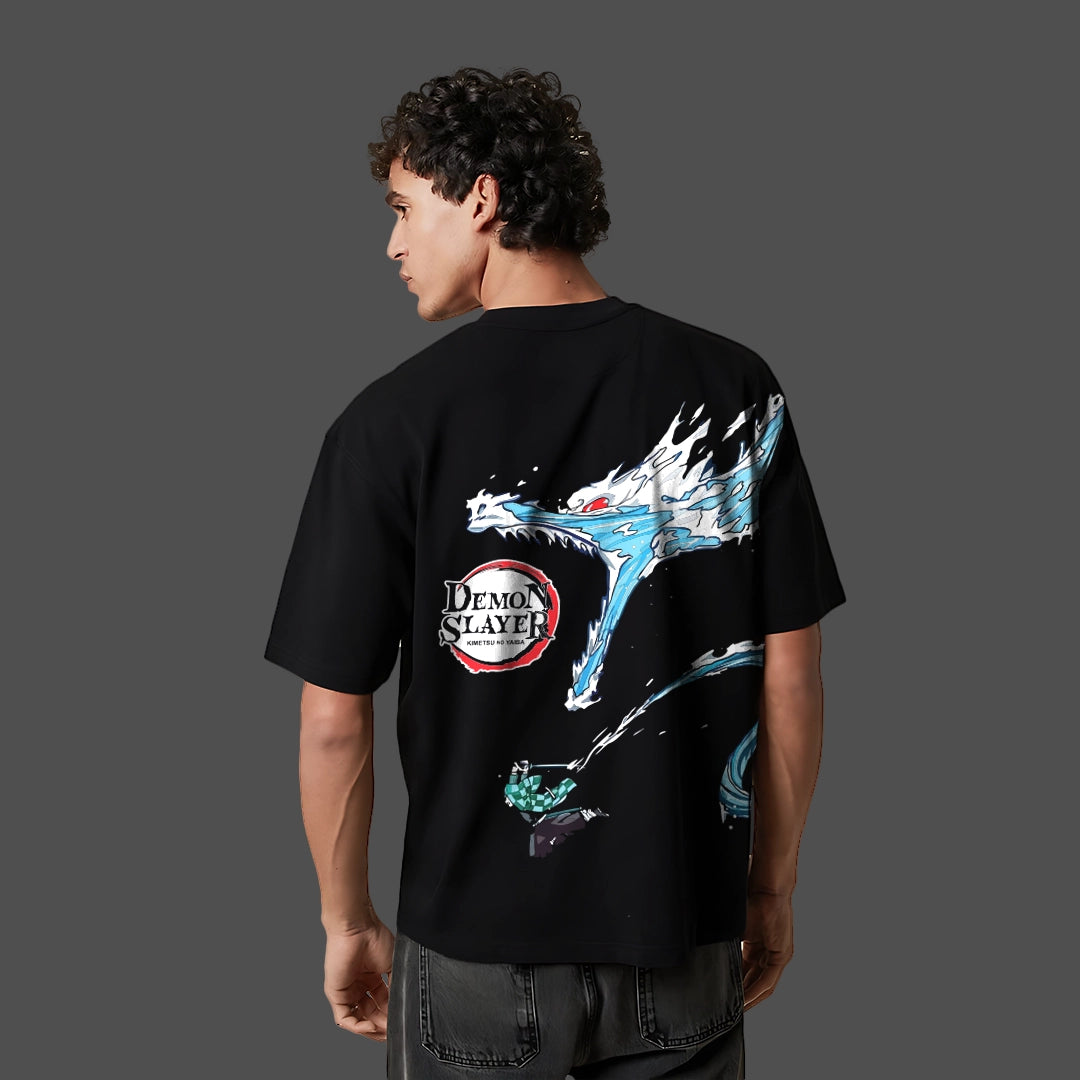 Model wearing Demon Slayer black oversized t-shirt with large blue demon wolf back print and relaxed short sleeves