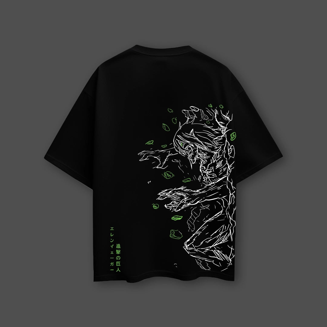 Attack on Titan black t-shirt oversized Vlack back graphic with white line art titan and green leaf accents