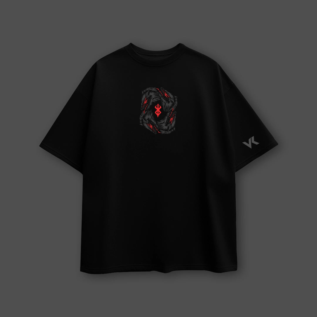 Vlack Berserk graphic black oversized t-shirt with red center emblem and VL sleeve logo in relaxed fit