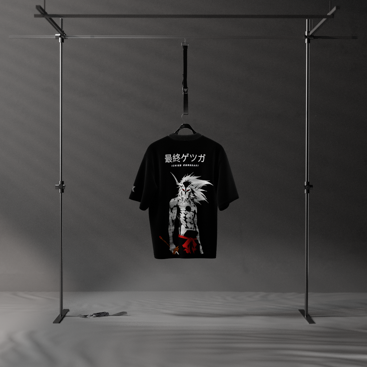 Ichigo Kurosaki oversized black t-shirt by Vlack hanging on rack with anime character print