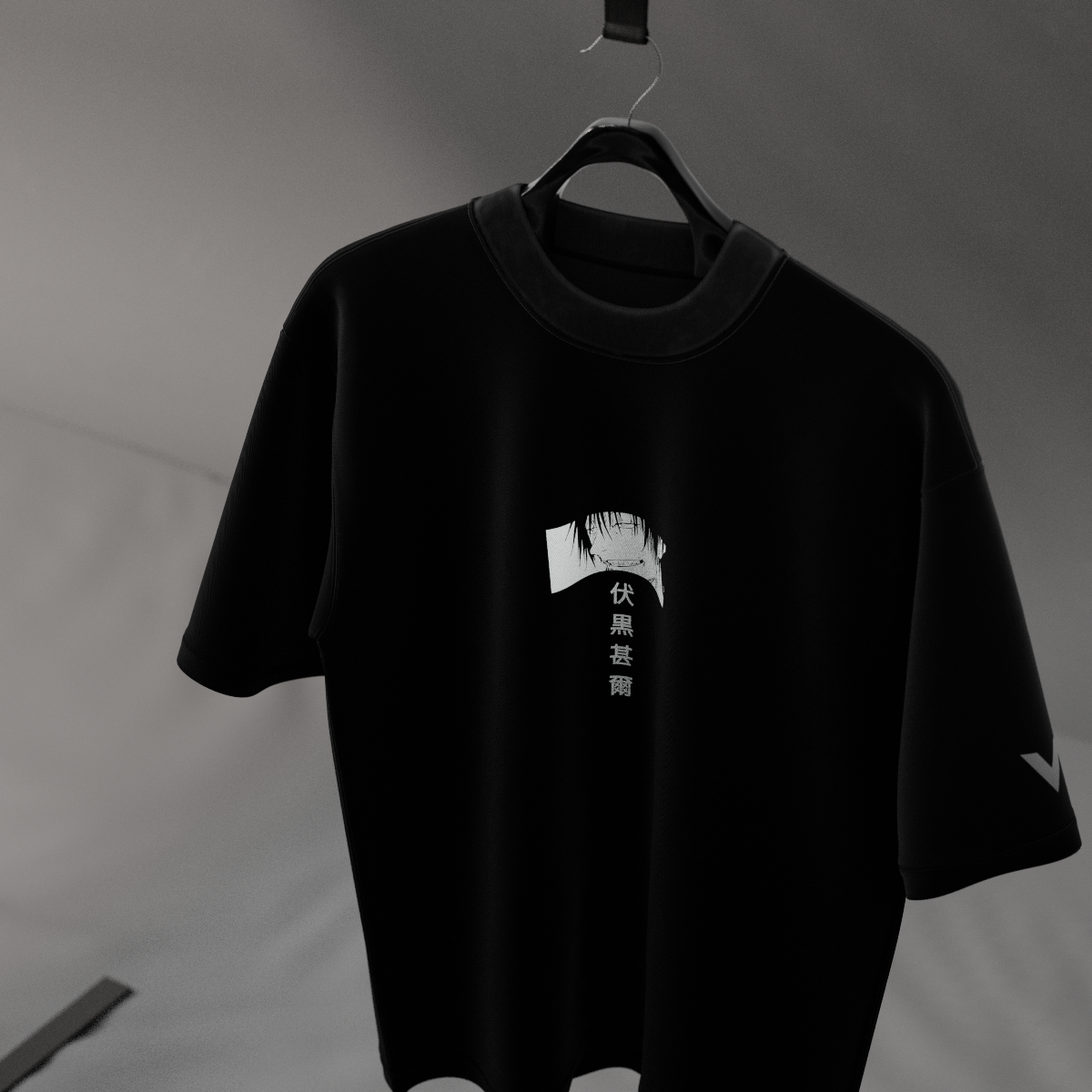 Jujutsu Kaisen Toji black oversized t-shirt. Vlack black oversized tee hanging on hanger with white Japanese print