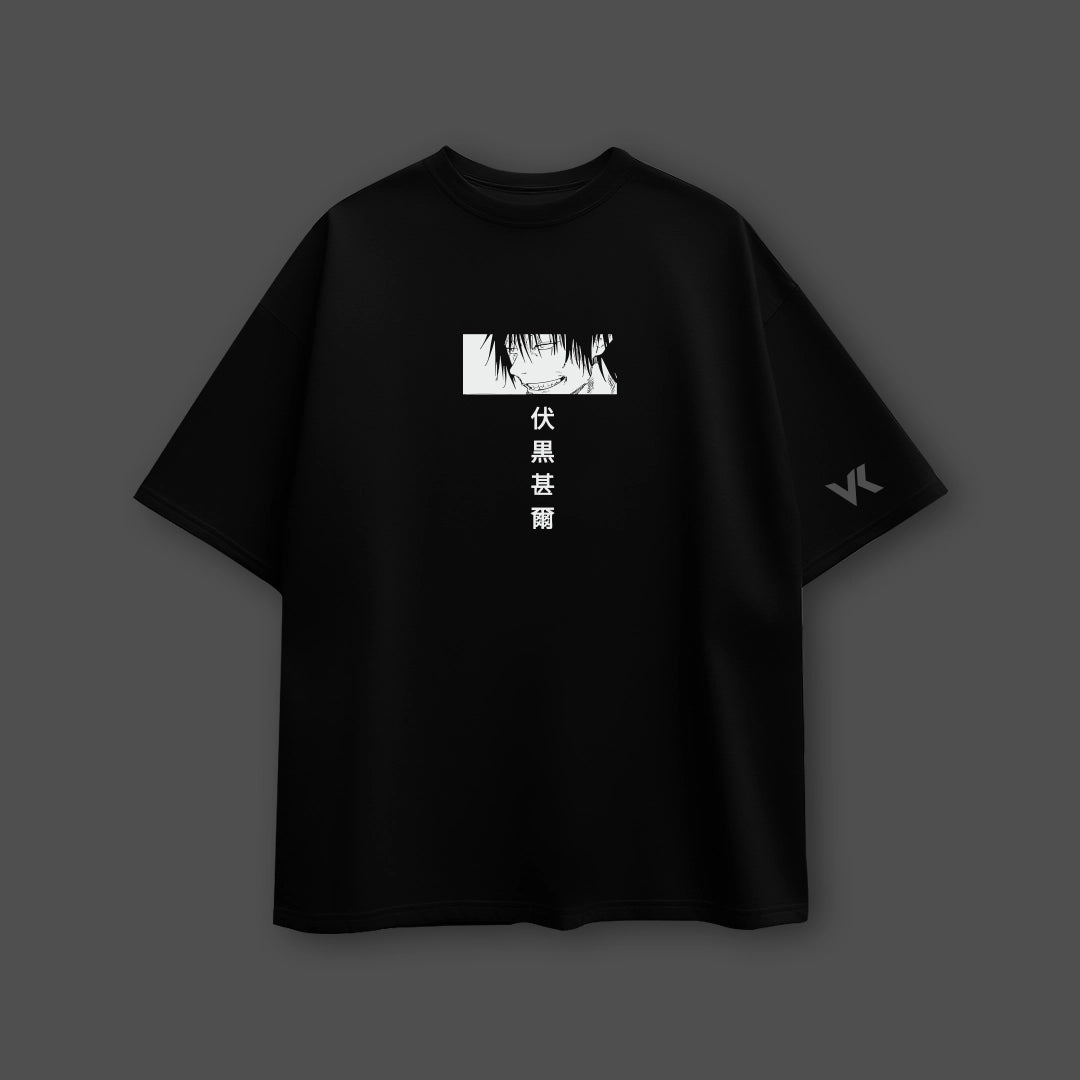 Jujutsu Kaisen Toji black oversized t-shirt. Black Vlack oversized tee with monochrome Toji face panel and vertical kanji on chest