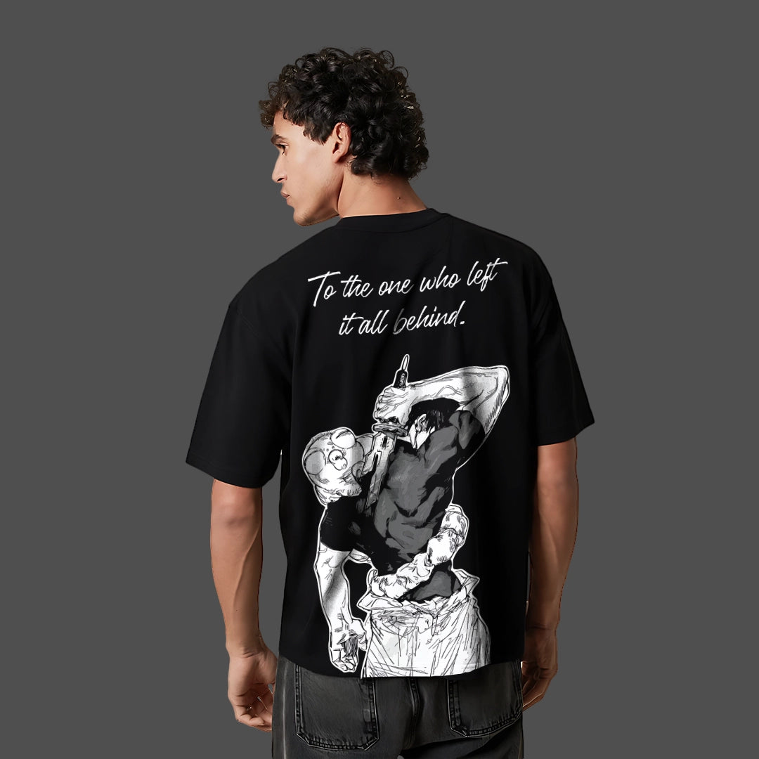 Jujutsu Kaisen Toji black oversized t-shirt back view on model with large white manga style graphic and script text