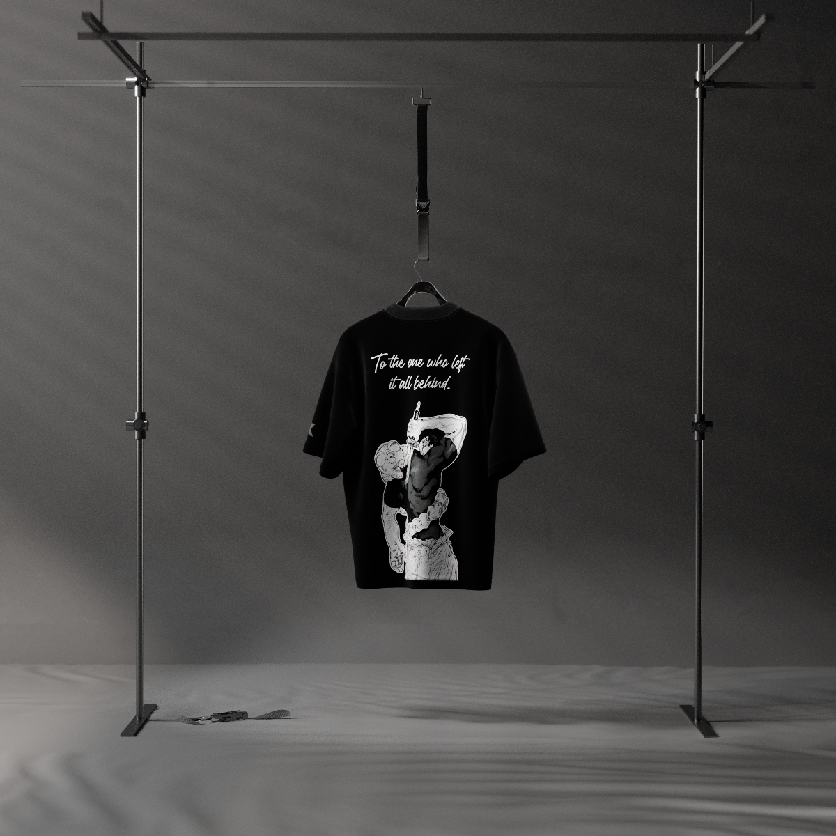 Jujutsu Kaisen Toji black oversized t-shirt hanging on clothing rack showing white Toji back print