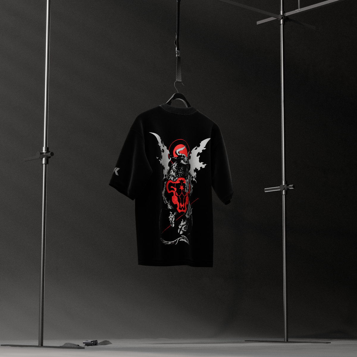 Vlack oversized black streetwear t-shirt with red skull and wings back graphic relaxed fit