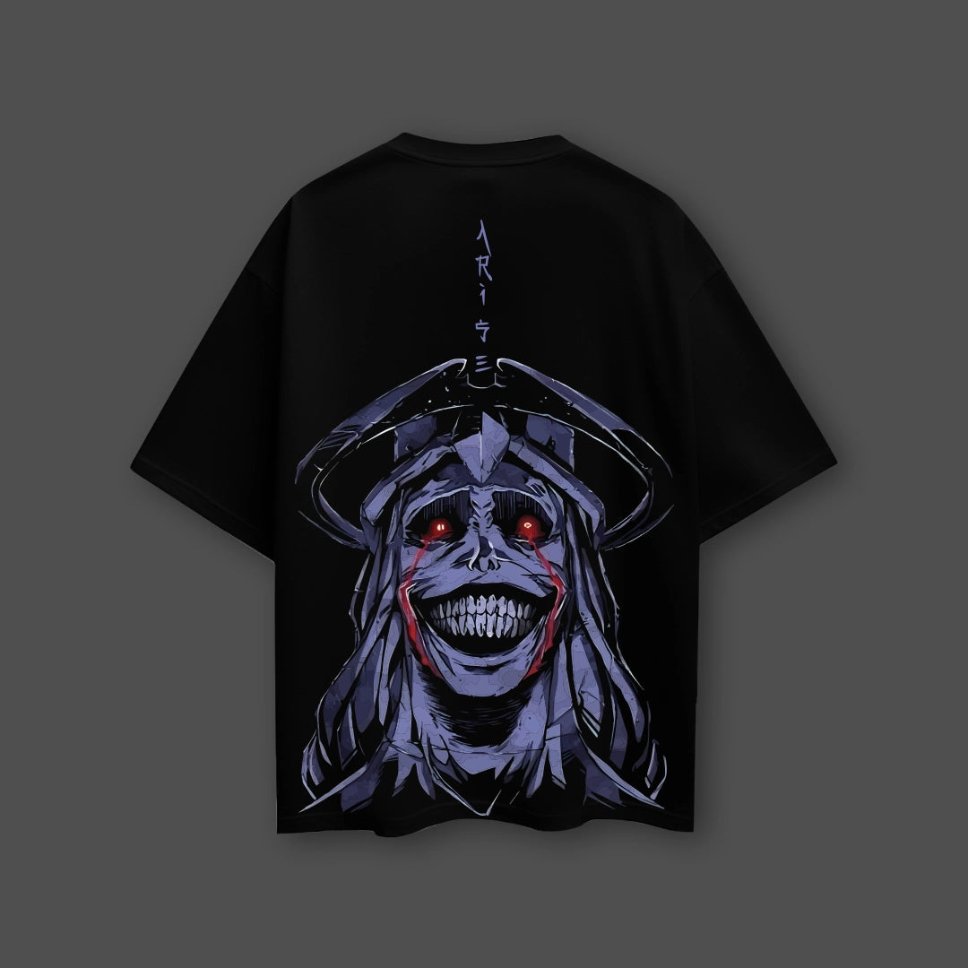 Solo Leveling black oversized t-shirt Vlack black tee with large back graphic of grinning demonic face and red eyes
