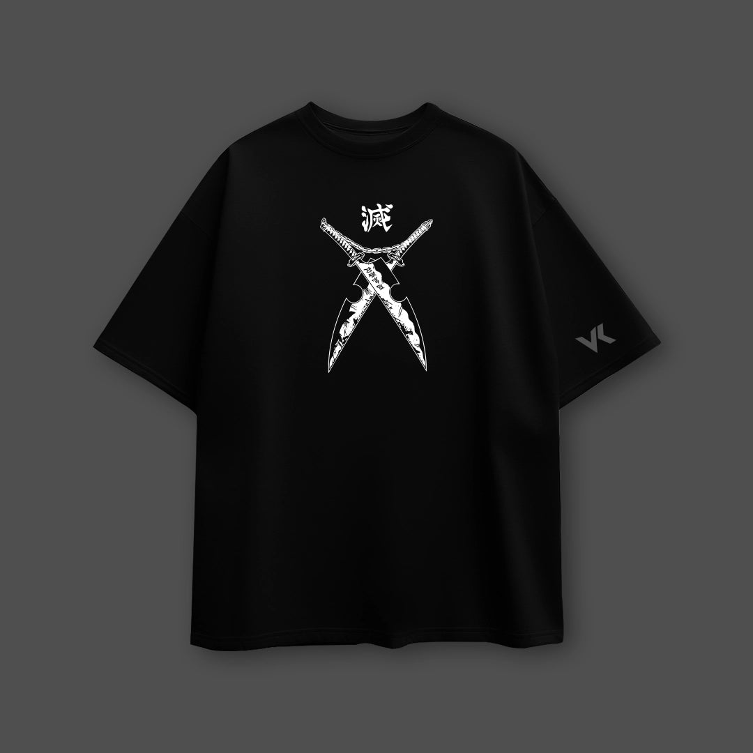 Tengen Uzui black oversized t-shirt Vlack black crewneck with white crossed blade graphic and VL sleeve logo