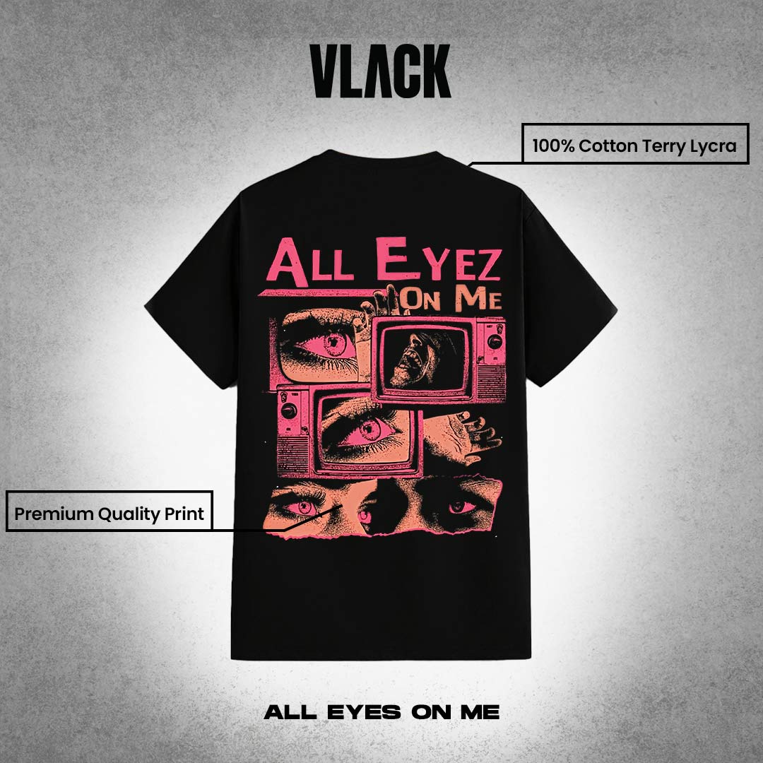 Vlack black graphic streetwear t-shirt regular fit with pink All Eyez On Me retro TV and eye collage