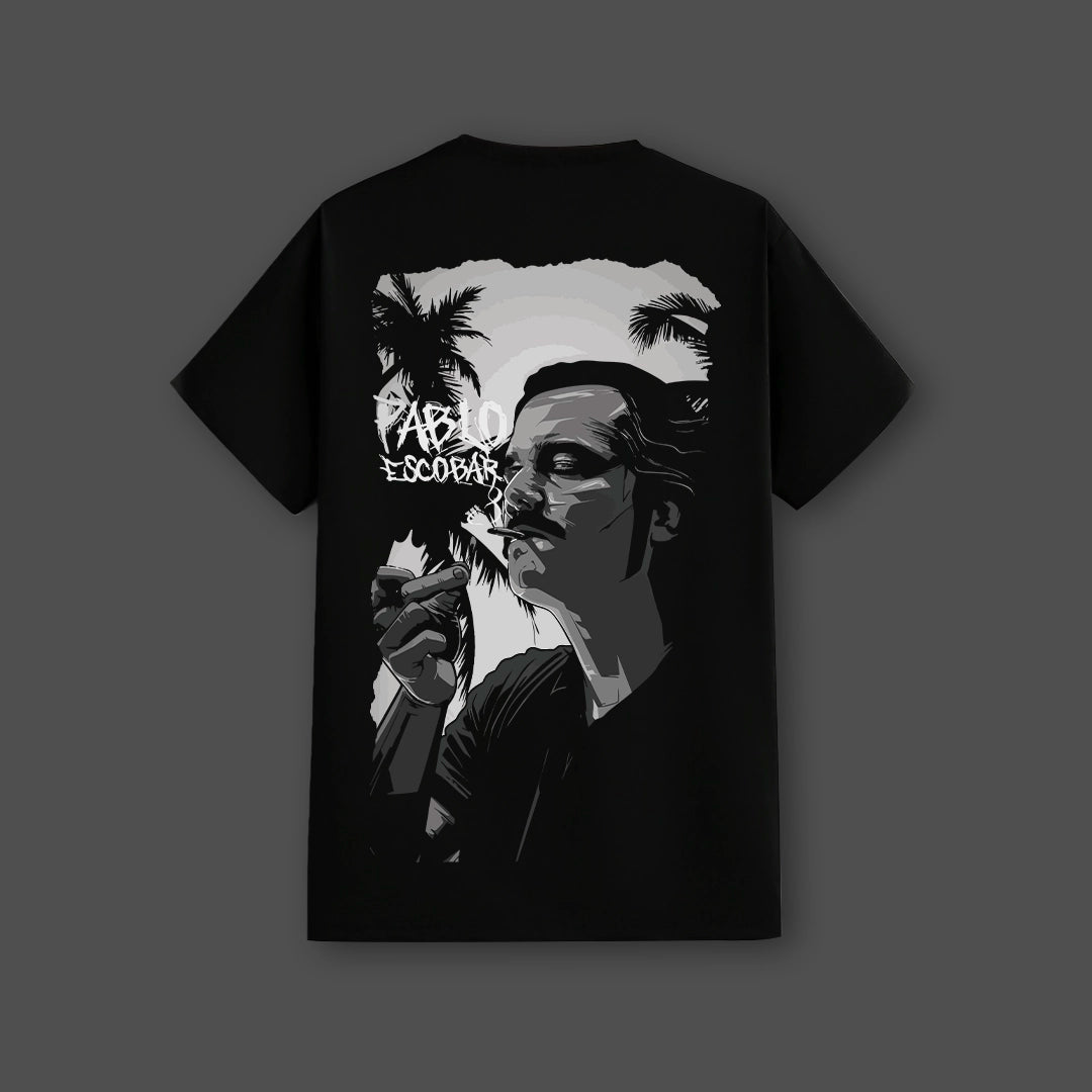 black graphic streetwear t-shirt with grayscale portrait of a man smoking palm trees bold text Vlack regular fit