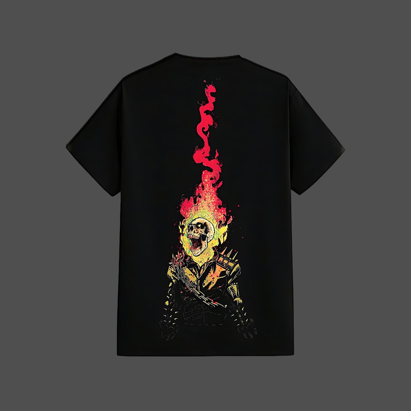 black graphic streetwear t-shirt with large back flaming skull print in red and yellow on Vlack regular fit