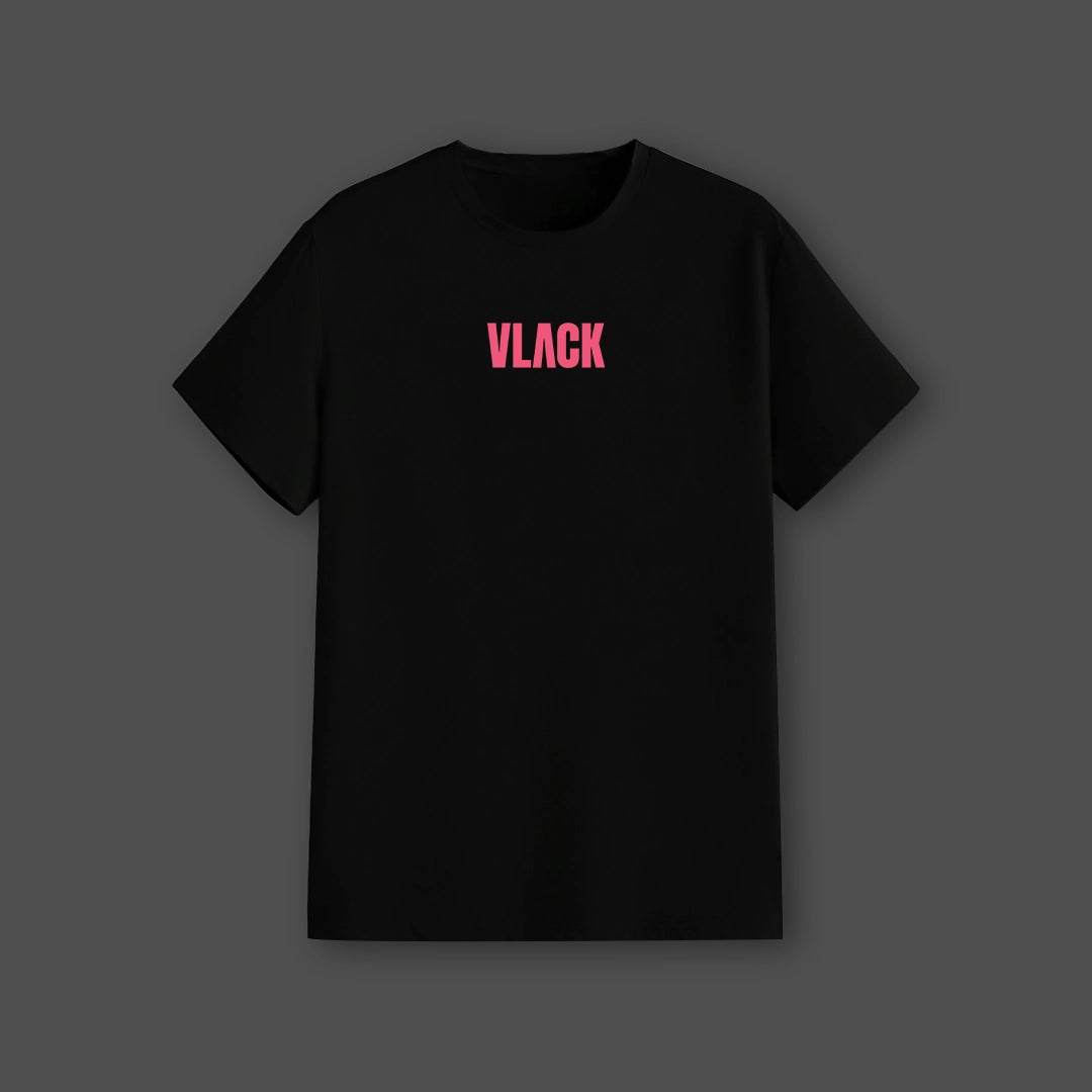Vlack regular fit black graphic streetwear t-shirt with pink Vlack logo centered on chest