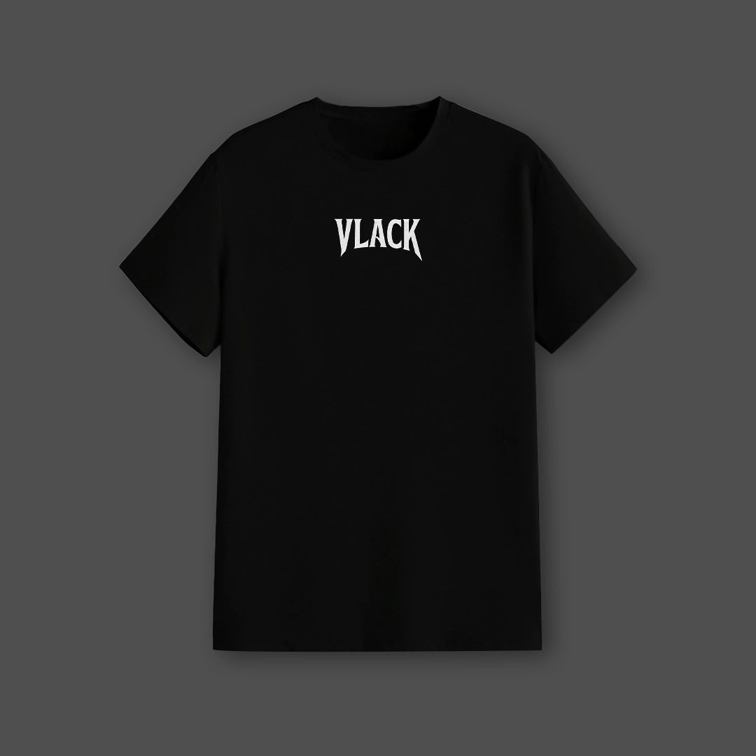 Vlack regular fit black graphic streetwear t-shirt with small white Vlack logo centered on chest