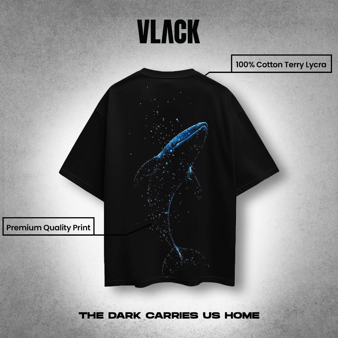 Vlack black oversize streetwear t-shirt with blue whale splash back print on cotton terry lycra oversized fit