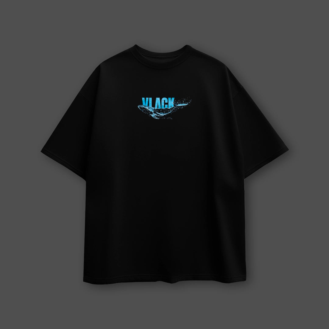Vlack black oversize streetwear t-shirt with blue Vlack chest logo oversized fit crew neck short sleeves