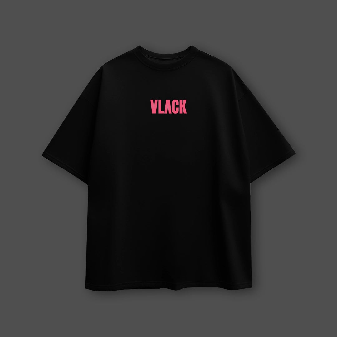 Vlack black oversize t-shirt streetwear with pink VLACK chest logo oversized relaxed fit casual urban tee