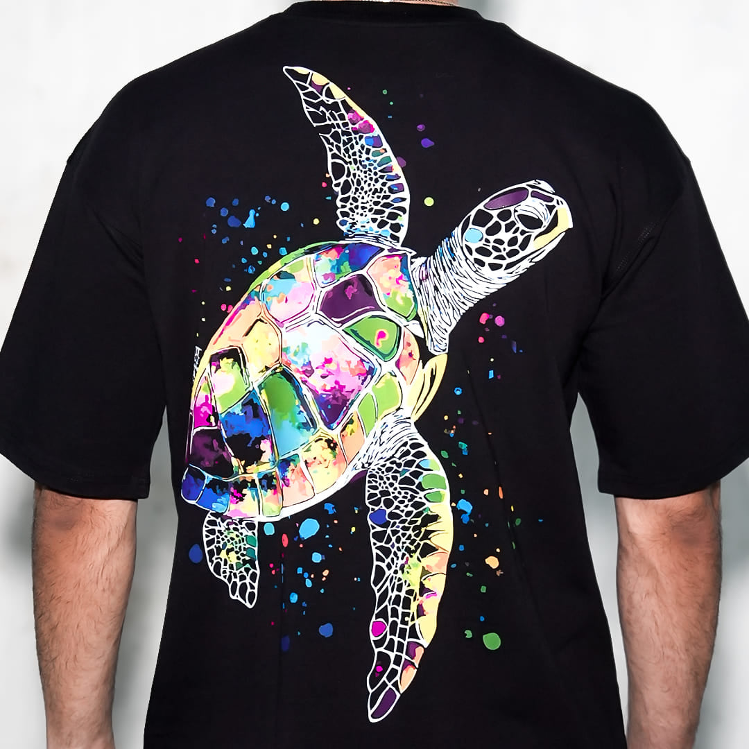 Vlack black oversized streetwear t-shirt featuring large colorful watercolor sea turtle print on back