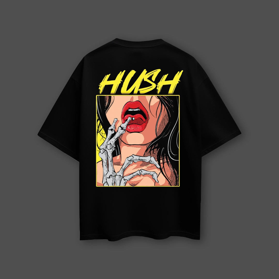 Vlack black oversized streetwear t-shirt featuring bold HUSH back graphic of red lips and skeleton hand