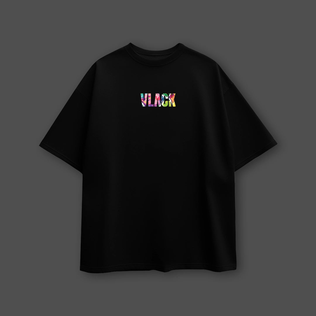Vlack black oversized streetwear t-shirt with colorful Vlack chest logo crew neck short sleeves relaxed fit