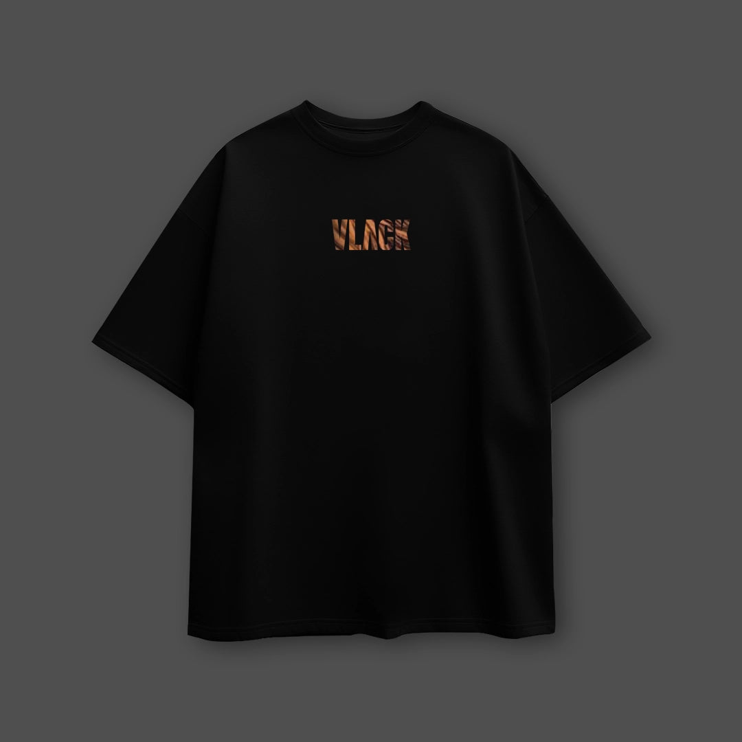 Vlack branded black oversized streetwear t-shirt with copper logo print and boxy relaxed fit for urban casual wear