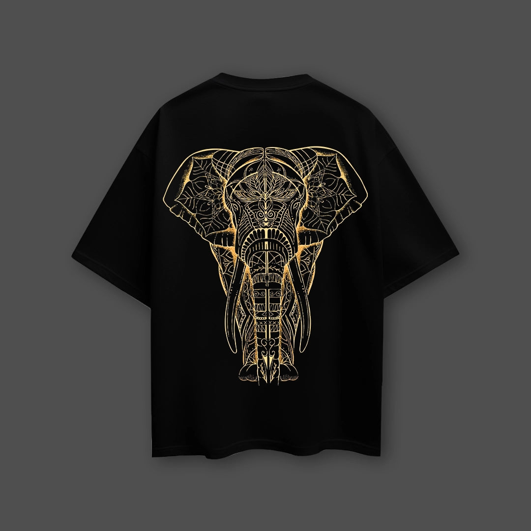 Vlack black oversized streetwear t-shirt with gold ornate elephant back print and relaxed fit