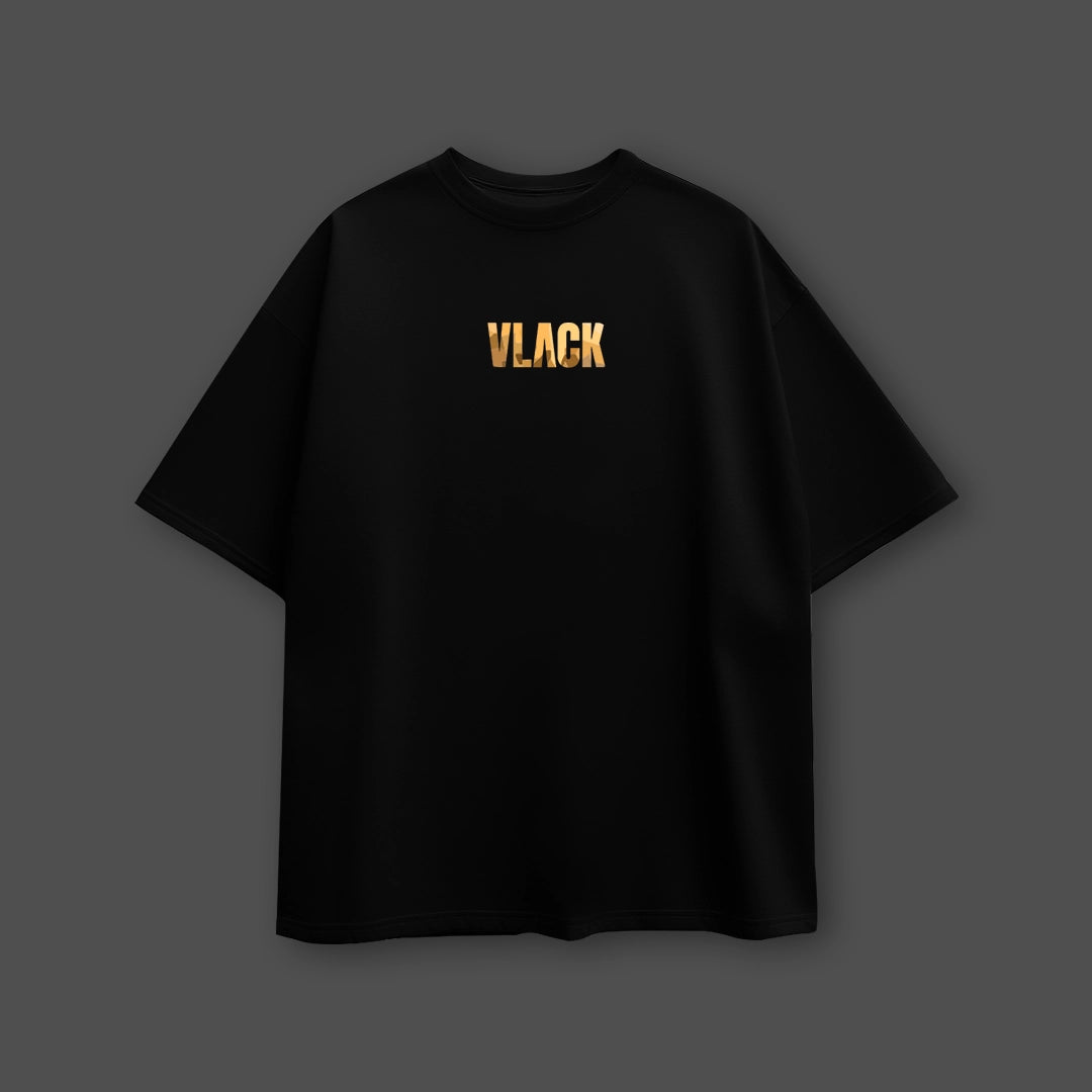Vlack black oversized streetwear t-shirt with gold VLACK chest logo crew neck relaxed fit
