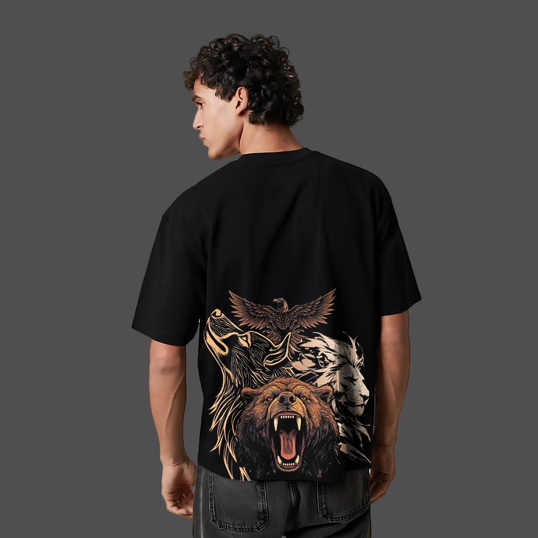 Male model wearing Vlack black oversized streetwear t-shirt with large roaring bear eagle and wolf graphic on back