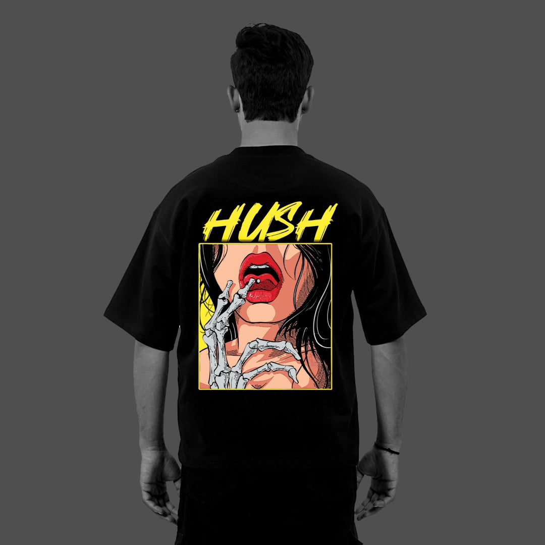 Vlack black oversized streetwear t-shirt with HUSH pop art back print of red lips and skeleton hand