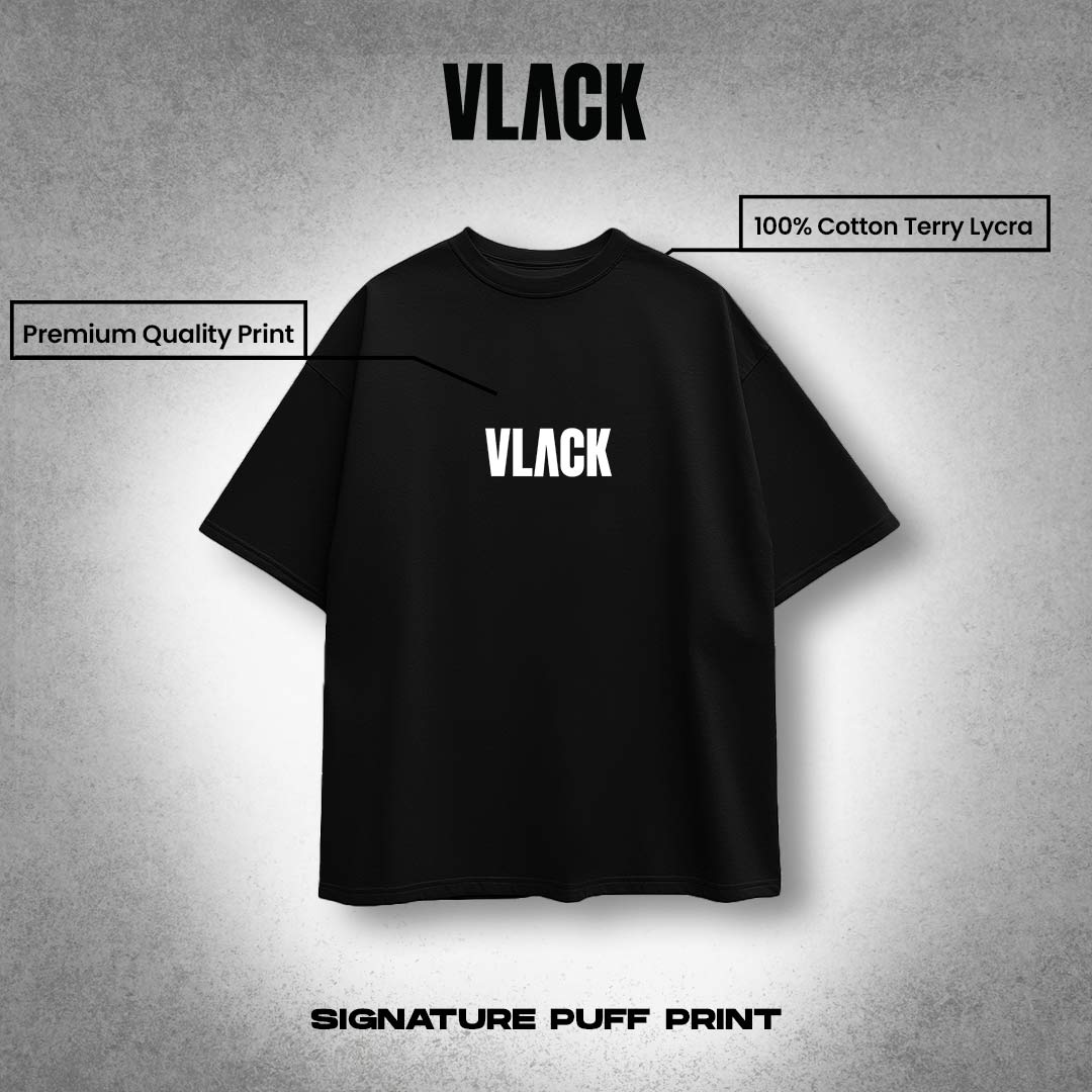 black oversized t-shirt for men Vlack with white center logo premium cotton terry lycra signature puff print