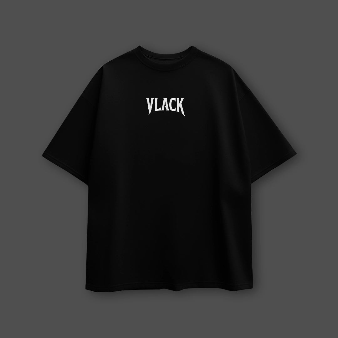 Vlack black oversized t-shirt streetwear with white Vlack logo centered on chest relaxed fit