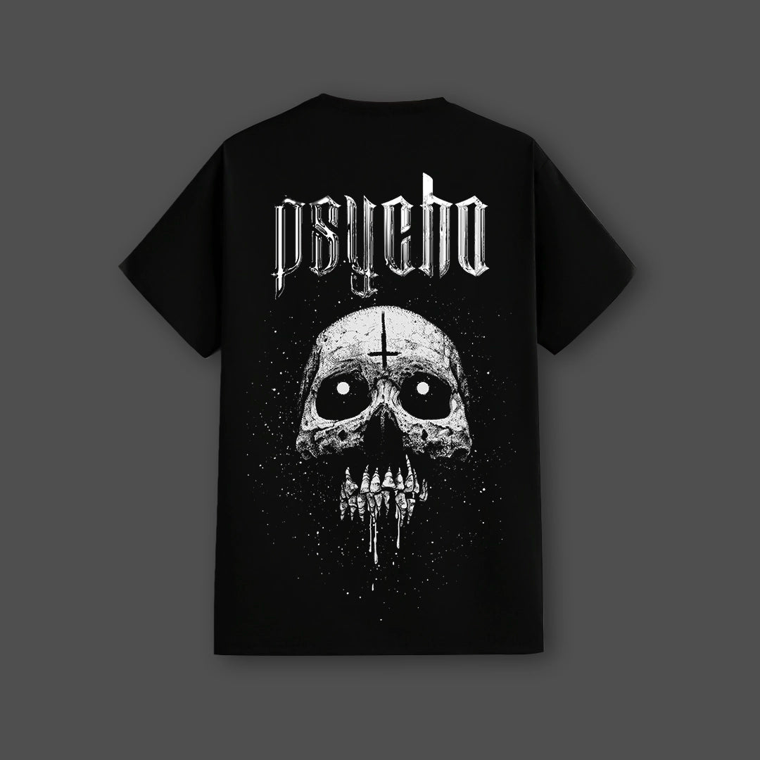 Vlack regular fit black skull graphic t-shirt featuring white psycho skull print with inverted cross and dripping teeth