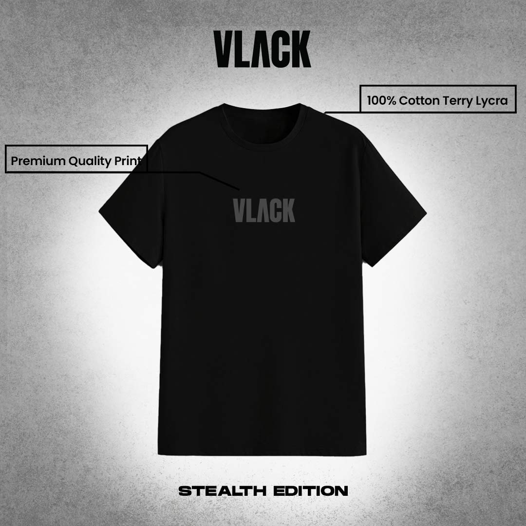 Vlack regular fit black streetwear t-shirt Stealth Edition 100 percent cotton terry lycra with subtle logo
