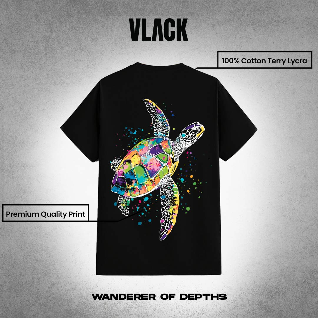 Vlack regular fit black streetwear t-shirt with colorful watercolor sea turtle print and branding