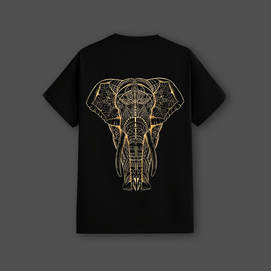 Vlack black streetwear t-shirt regular fit with gold geometric elephant back print