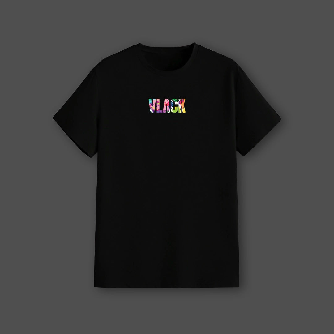 Vlack black streetwear t-shirt regular fit short sleeve crew neck with small multicolor logo