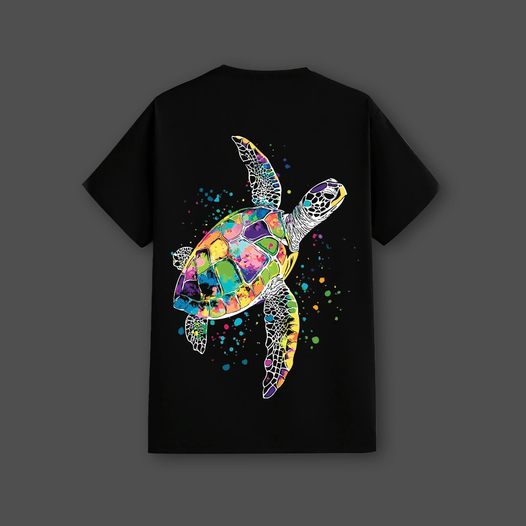 Vlack black streetwear t-shirt regular fit with colorful watercolor sea turtle graphic on back