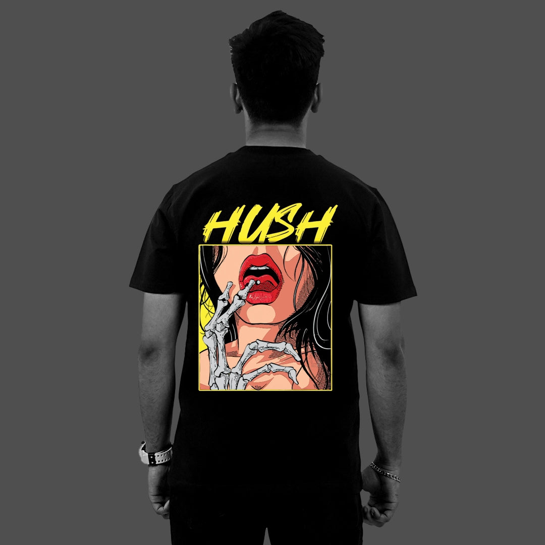 Vlack regular fit black streetwear t shirt back view with HUSH pop art red lips and skeleton hand