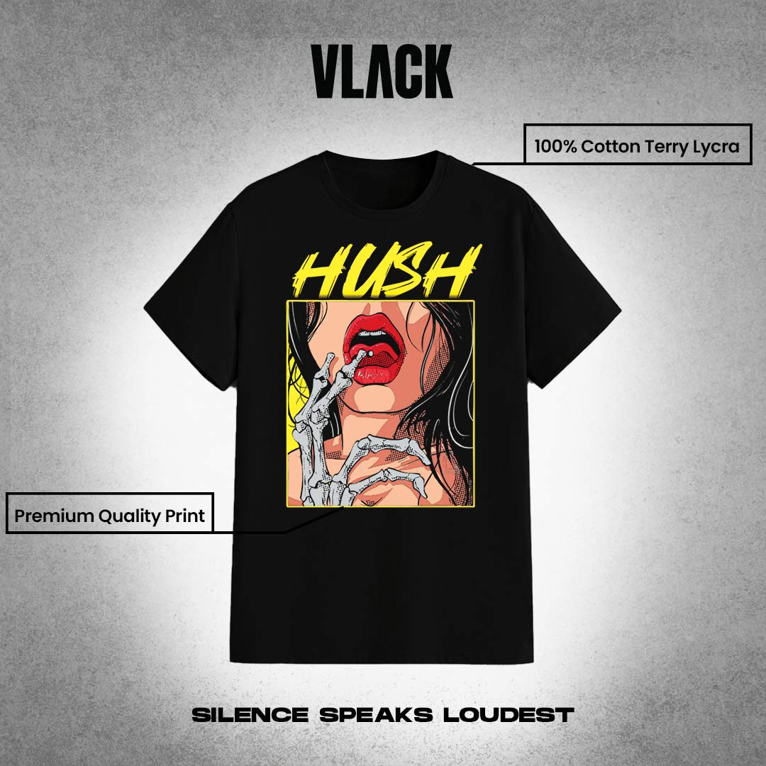 Vlack Regular Fit black streetwear t shirt with HUSH pop art graphic of red lips and skeleton hand