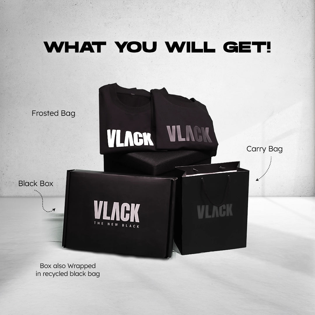 Vlack black streetwear t shirt displayed with frosted bag and black box packaging